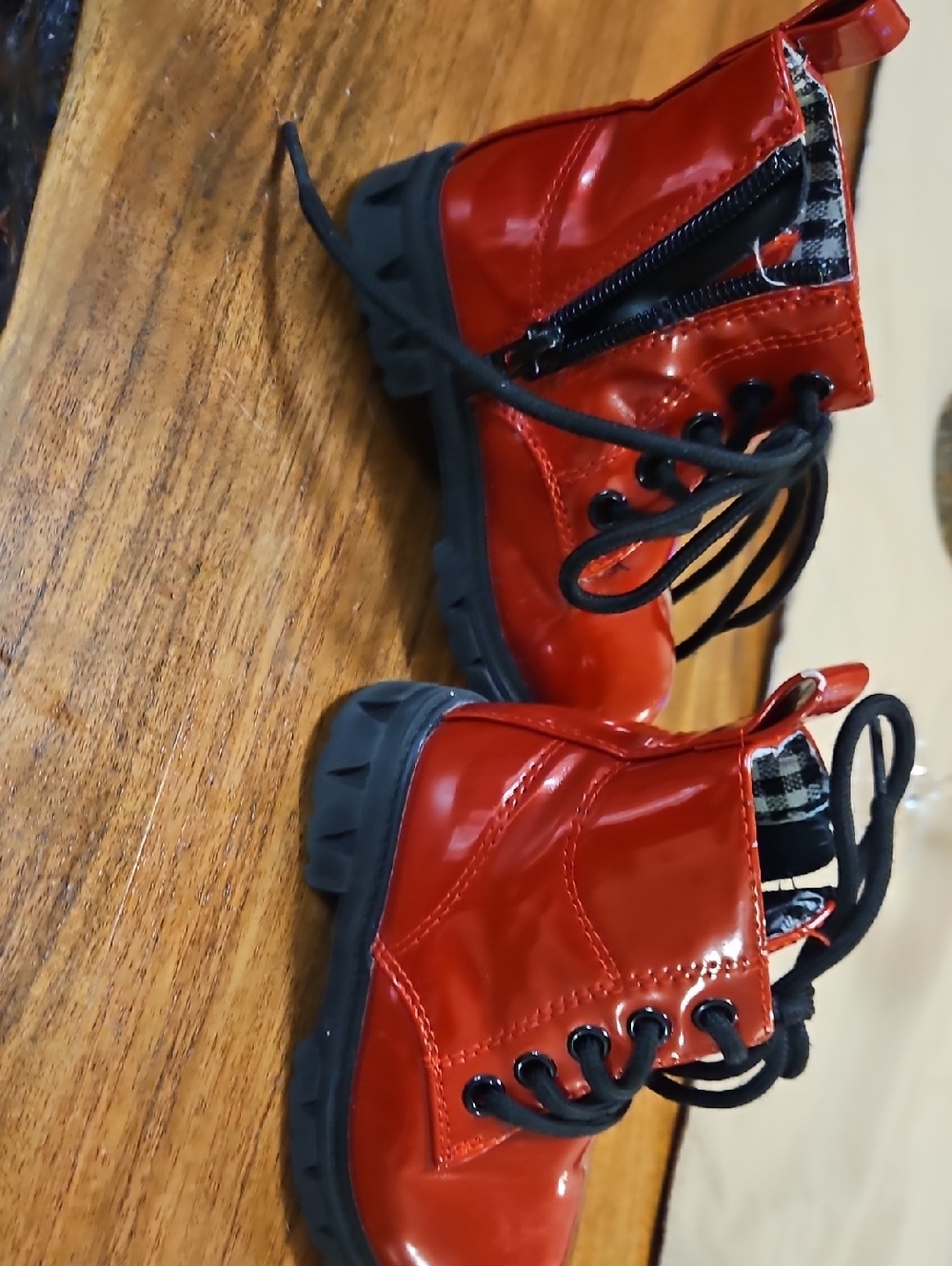 Red Patent Combat Boots with Black Soles